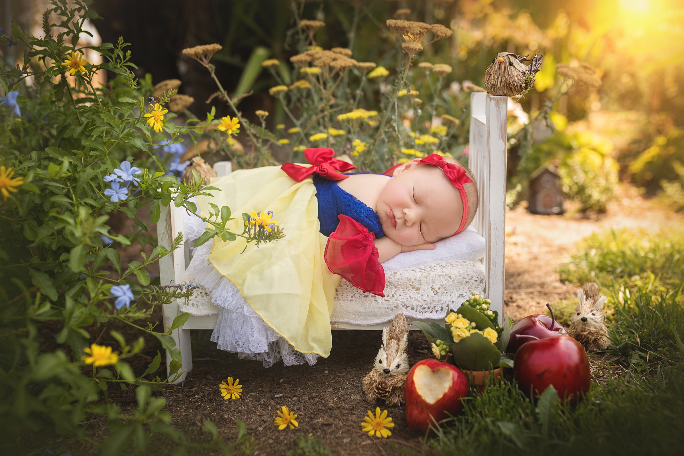 Newborn baby girl dressed as Snow White posed outdoors by Southern California newborn photographer A Pocket of Time Photography