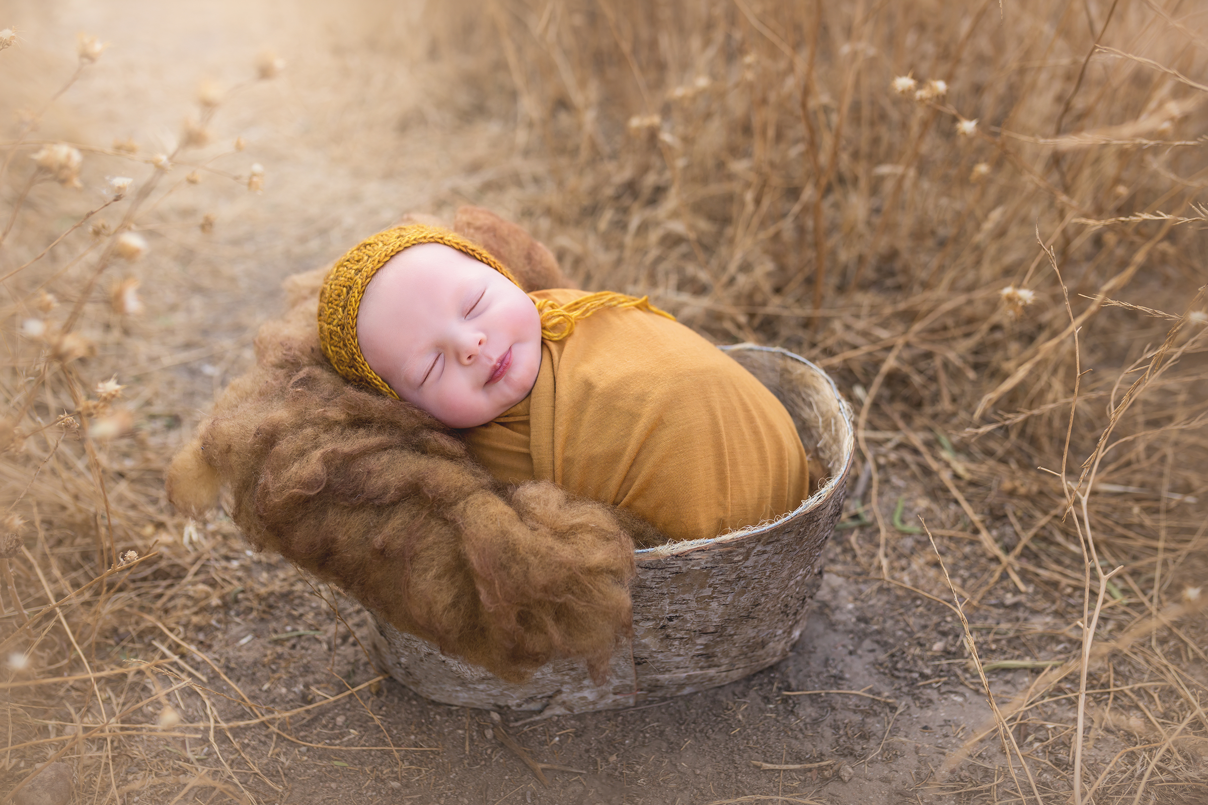 Newborn bay boy wrapped in yellow posed outdoors by Los Angeles newborn photographer A Pocket of Time Photography