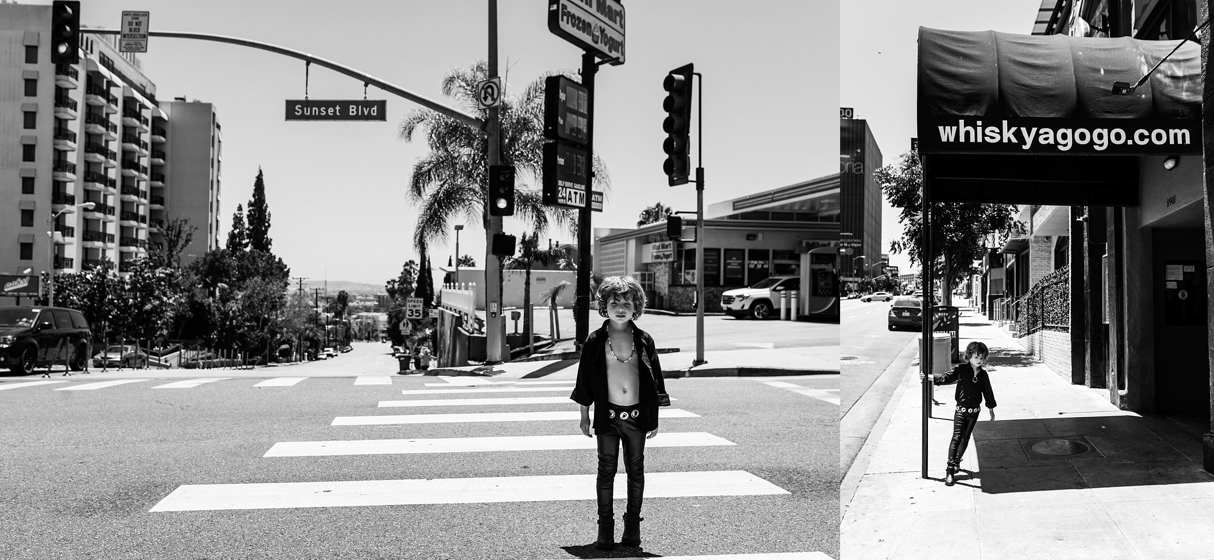 Child dressed as Jim Morrison from The Doors walking on Sunset Blvd