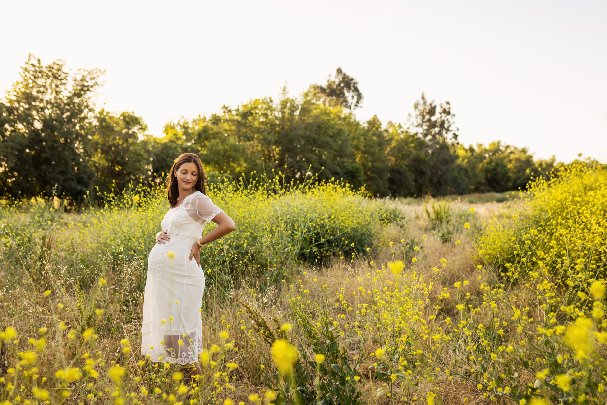 maternity photo in a field of wild mustard flowers by sherman oaks maternity photographer a pocket of time photography