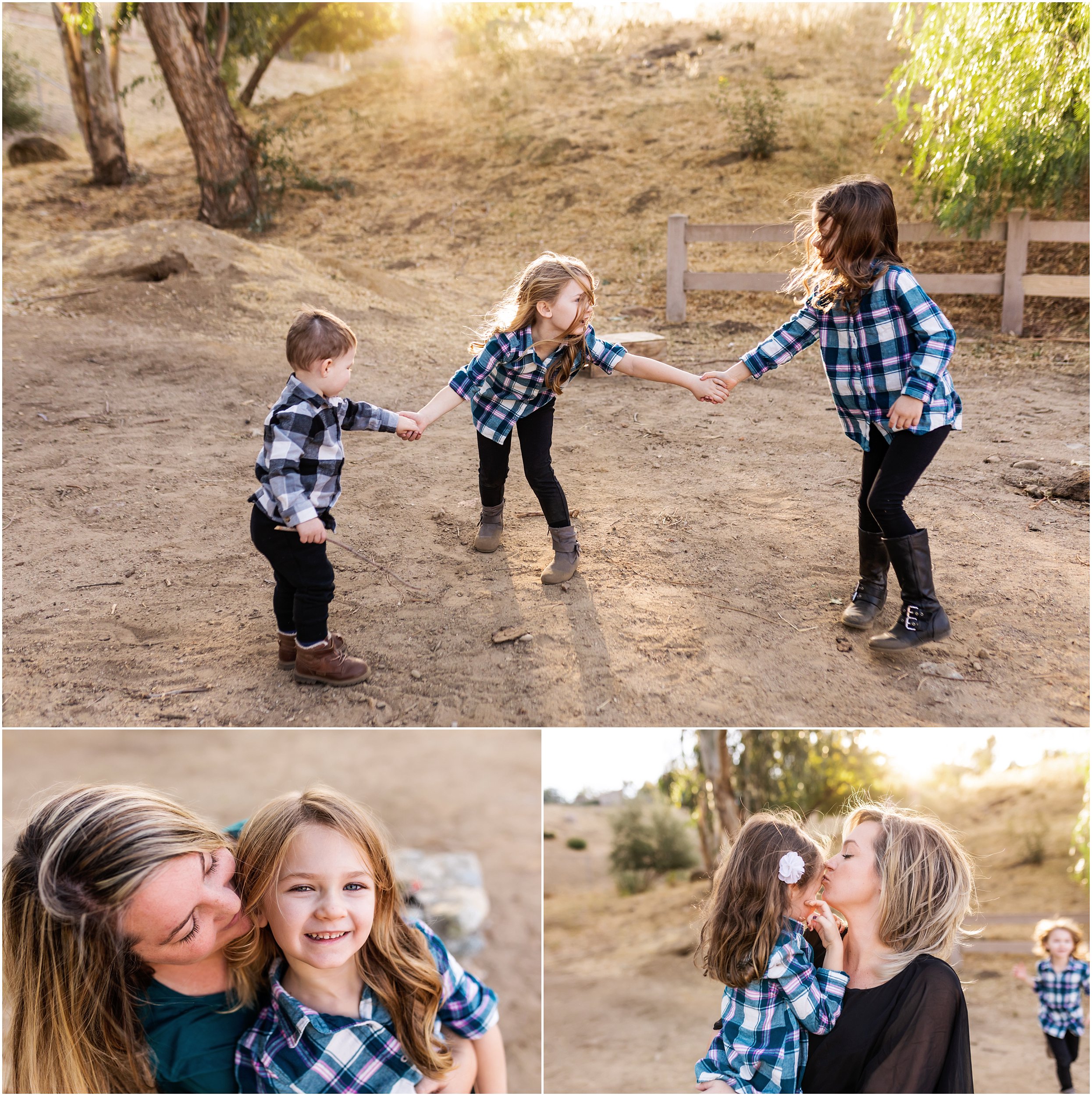 Family photo os sisters with their three children outdoors in Granada Hills at sunset by Los Angeles family photographer A Pocket of Time Photography