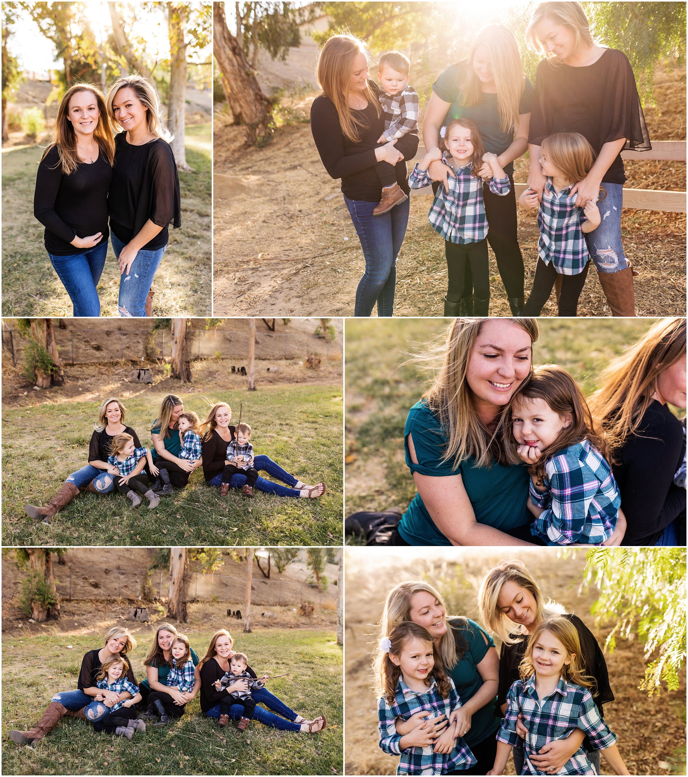 Family photo os sisters with their three children outdoors in Granada Hills at sunset by Los Angeles family photographer A Pocket of Time Photography