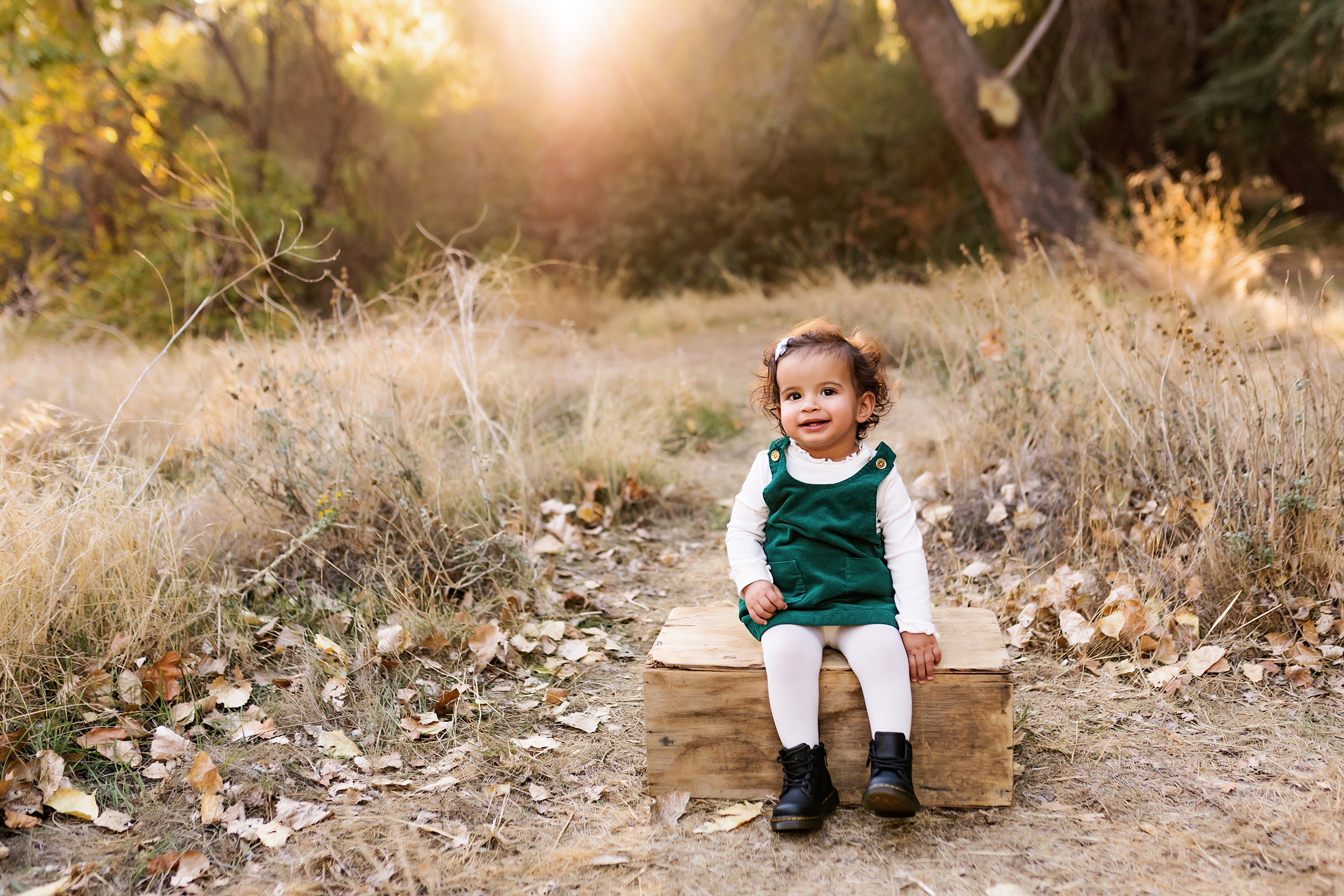 Little girl in green dress sitting on a wooden box in a field at sunset by Los Angeles childrens photographer A Pocket of Time Photography
